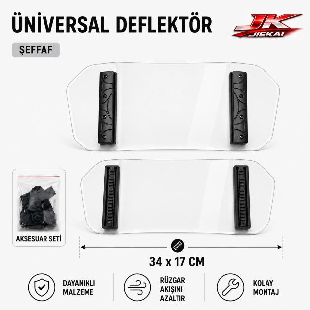 ŞEFFAF 34 X 17 Aynasız Universal Çift Bağlantılı Asansörlü Deflektör Cam Uzatma-Rüzgar Kesici