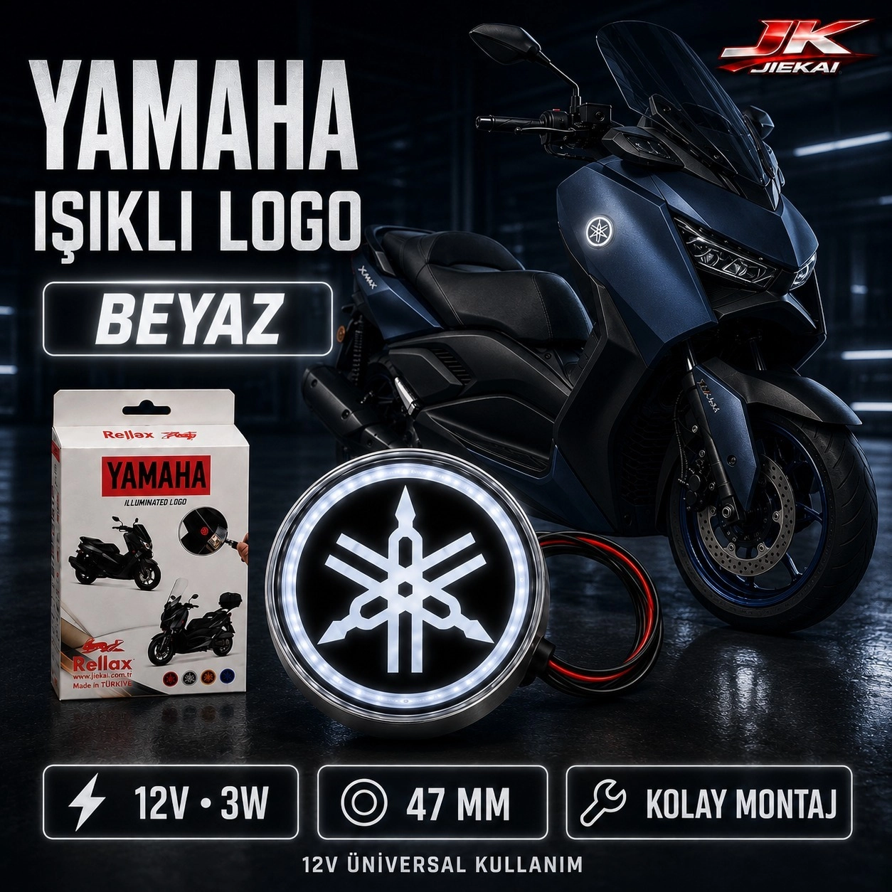 Jiekai Yamaha Uyumlu 12V LED Işıklı Motosiklet Logosu Üniversal 47 mm 3W