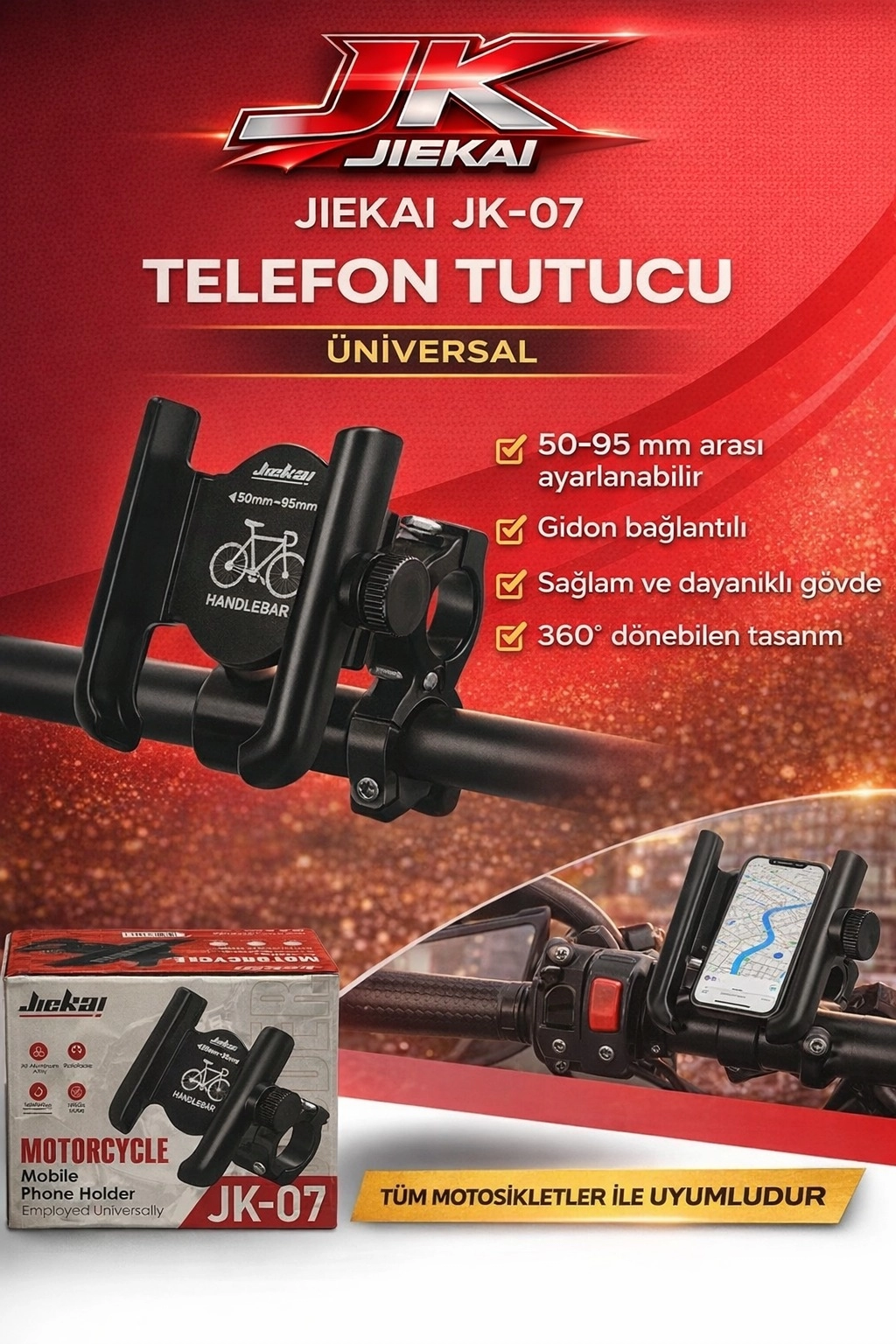 JK-07 MOTOSİKLET TELEFON TUTUCU ( ALEMİNYUM ) * GİDON* BAĞLANTILI