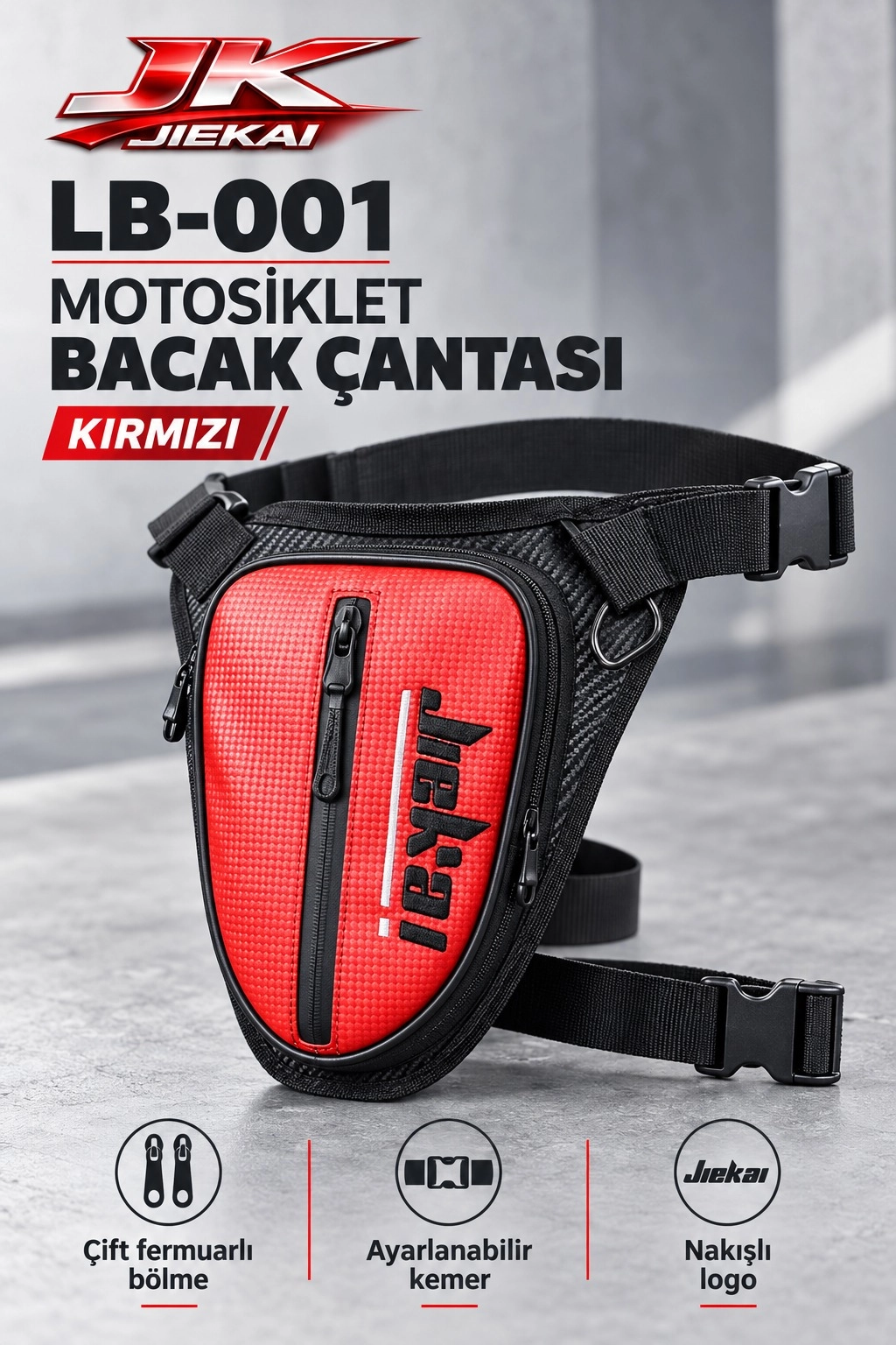JİEKAİ LB-001 MOTORCU BACAK ÇANTASI * KIRMIZI KARBON KUMAŞ * SİYAH NAKIŞ * ( ANAHTARLIK HEDİYE )
