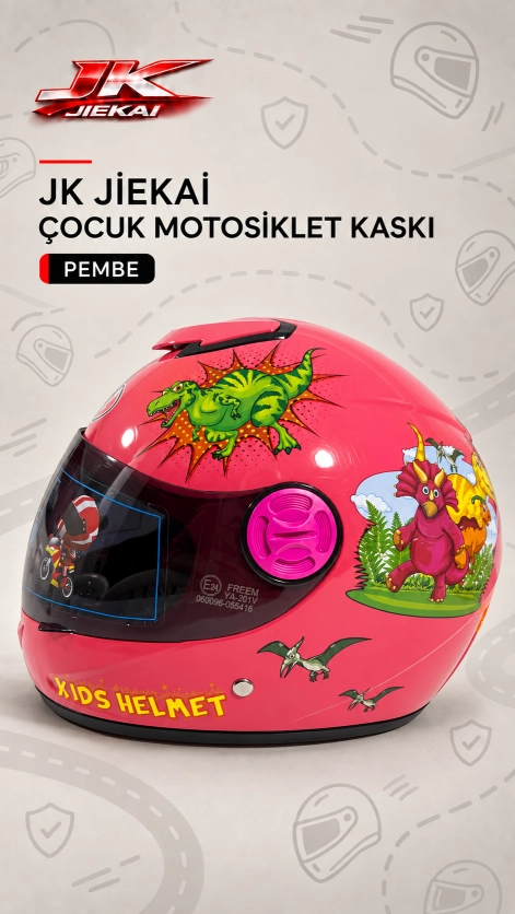 JİEKAİ JK119 Desenli Çocuk Kaskı Full Face  Kask -PEMBE-
