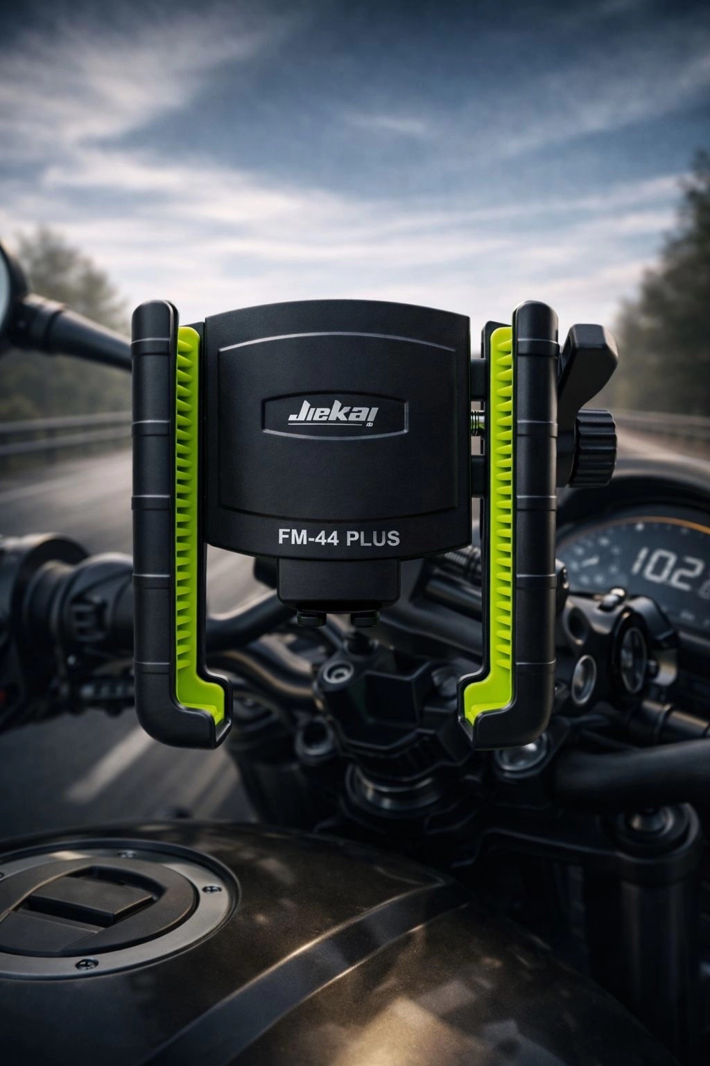 FM-44 PLUS TİTREŞİM MODÜLLÜ MOTOSİKLET TELEFON TUTUCU AYNA VE GİDON APARATLI UNIVERSAL NEON YEŞİL