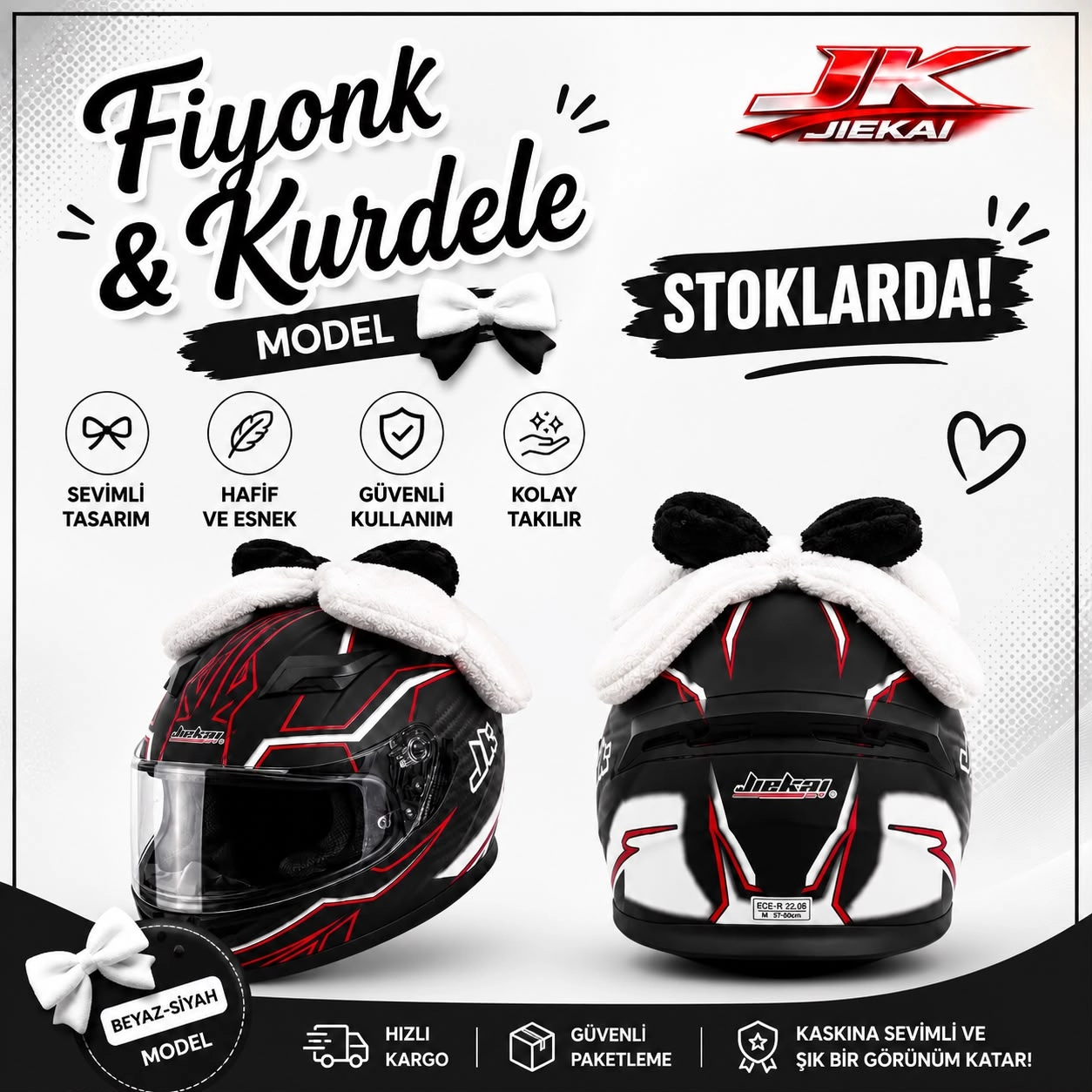 JK JİEKAİ PELUŞ KASK ÜSTÜ PELUŞLU KURDELE & FİYONK BEYAZ-SİYAH (KASK DAHİL DEĞİLDİR)