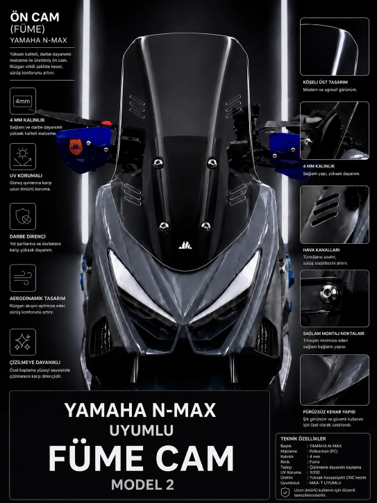 YAMAHA N- MAX UZUN TUR CAM FÜME MODEL 2 – MAX-T 2015-2020 UYUMLU