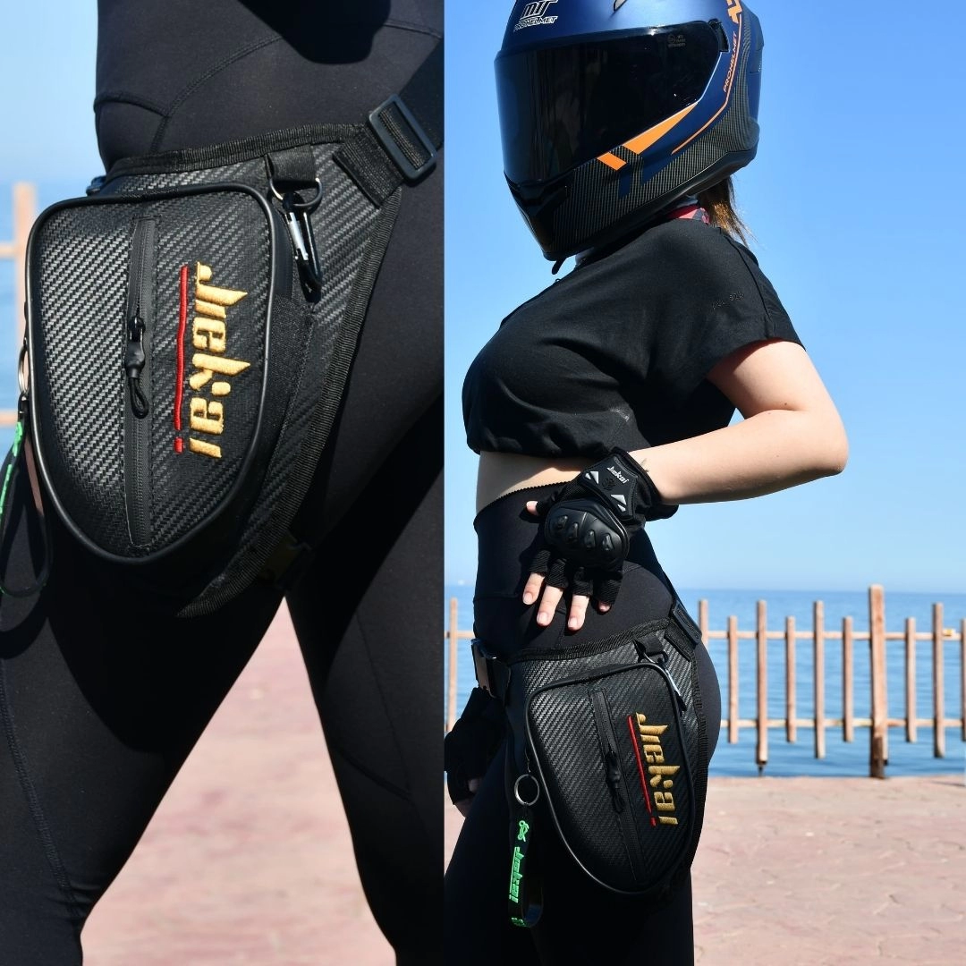 JİEKAİ LB-001 MOTORCU BACAK ÇANTASI KARBON KUMAŞ * GOLD NAKIŞ * ( ANAHTARLIK HEDİYE )