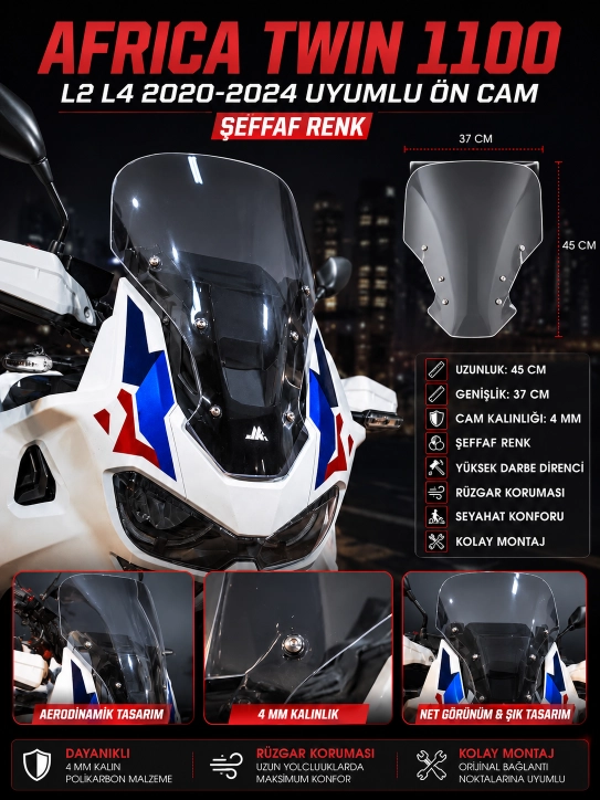 JK JİEKAİ - Africa Twin CRF1100L L2 / L4 2020-2024 Uyumlu Cam ŞEFFAF