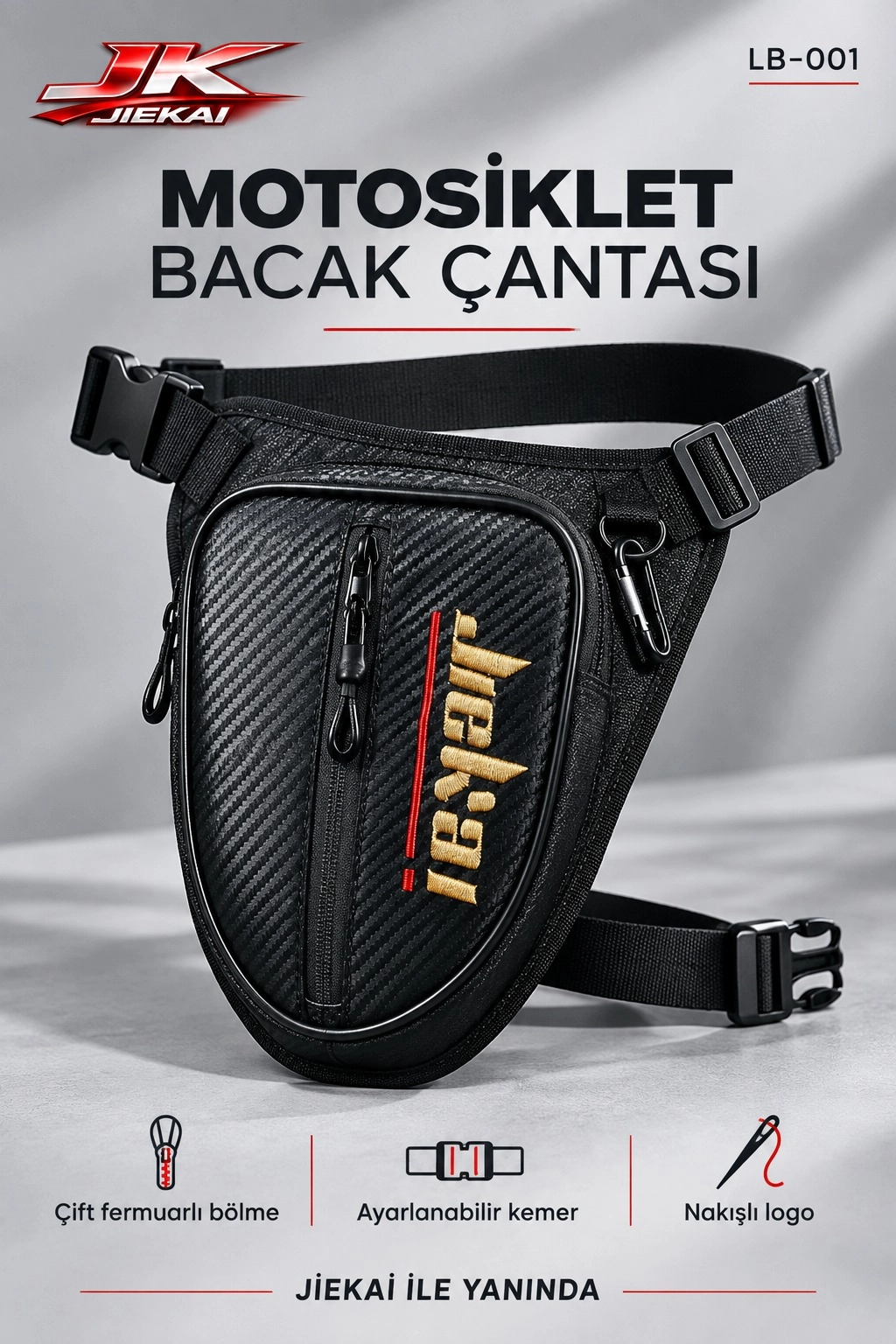 JİEKAİ LB-001 MOTORCU BACAK ÇANTASI KARBON KUMAŞ * GOLD NAKIŞ * ( ANAHTARLIK HEDİYE )