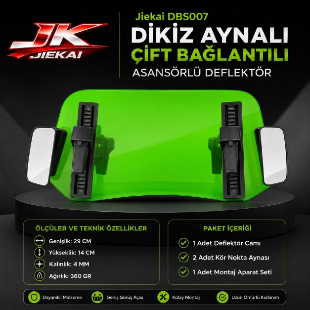 YEŞİL 29 X 14 DBS007 Dikiz aynalı Universal Çift Bağlantılı Asansörlü Deflektör  Cam Uzatma-Rüzgar Kesici
