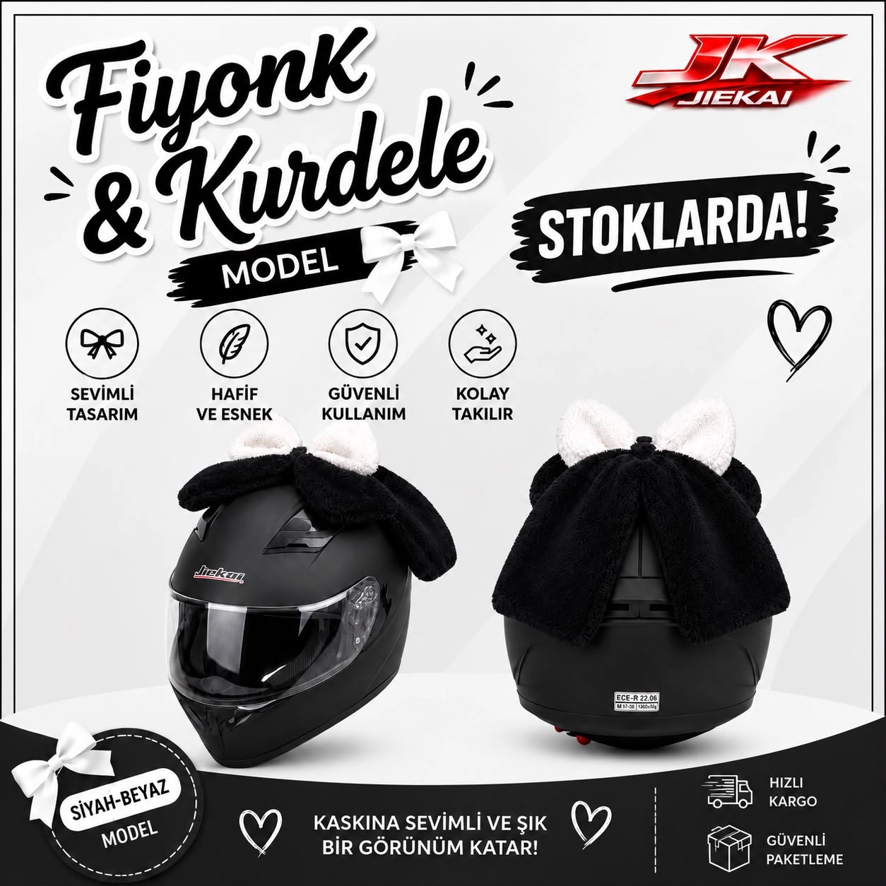 JK JİEKAİ KASK ÜSTÜ PELUŞLU KURDELE & FİYONK SİYAH-BEYAZ  (KASK DAHİL DEĞİLDİR)