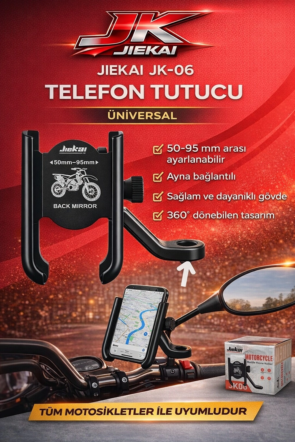 JK-06 MOTOSİKLET TELEFON TUTUCU ( ALEMİNYUM ) * AYNA* BAĞLANTILI