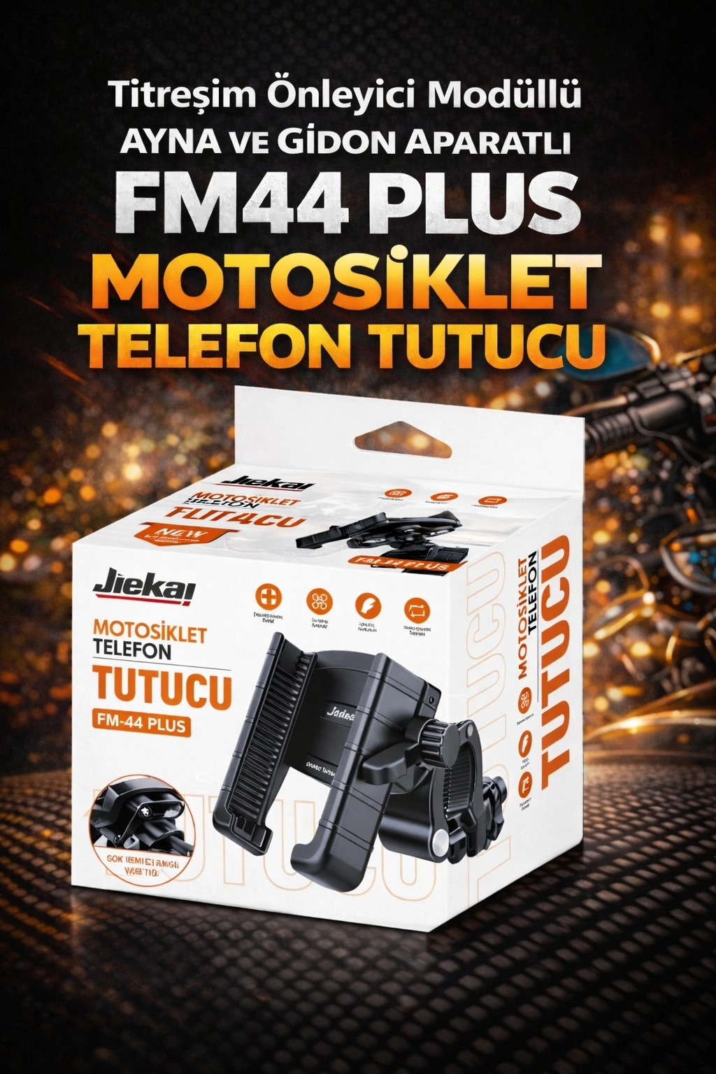 FM-44 PLUS TİTREŞİM MODÜLLÜ MOTOSİKLET TELEFON TUTUCU AYNA VE GİDON APARATLI UNIVERSAL TURUNCU