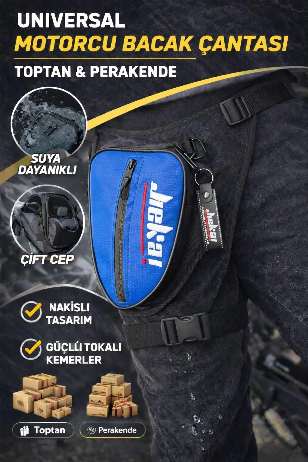 JİEKAİ LB-001 MOTORCU BACAK ÇANTASI * MAVİ KARBON KUMAŞ * BEYAZ NAKIŞ * ( ANAHTARLIK HEDİYE )