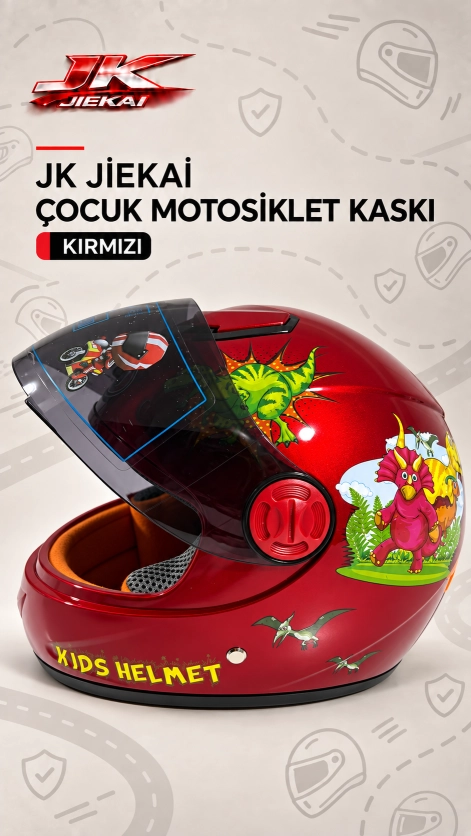 JİEKAİ JK119 Desenli Çocuk Kaskı Full Face  Kask -KIRMIZI-