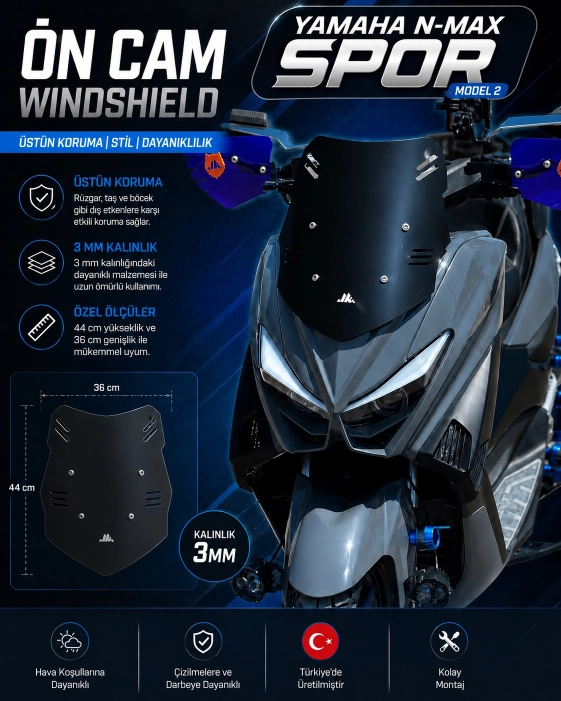 N-MAX 125-150 SPOR CAM SİYAH MODEL 2 - MAX-T 2015-2020 UYUMLU