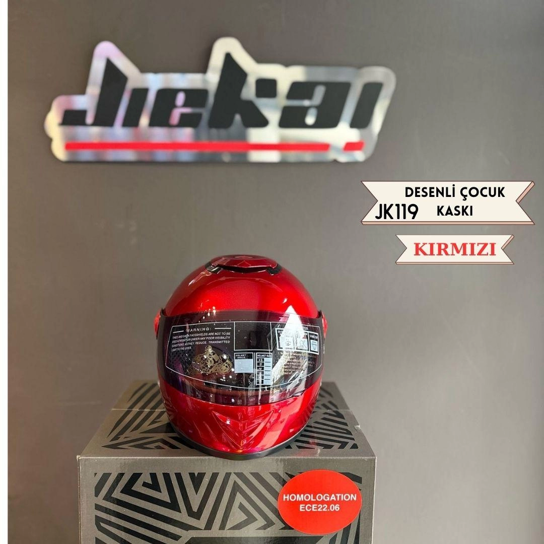 İEKAİ JK119 Desenli Çocuk Kaskı Kırmızı Renk Full Face  Kask