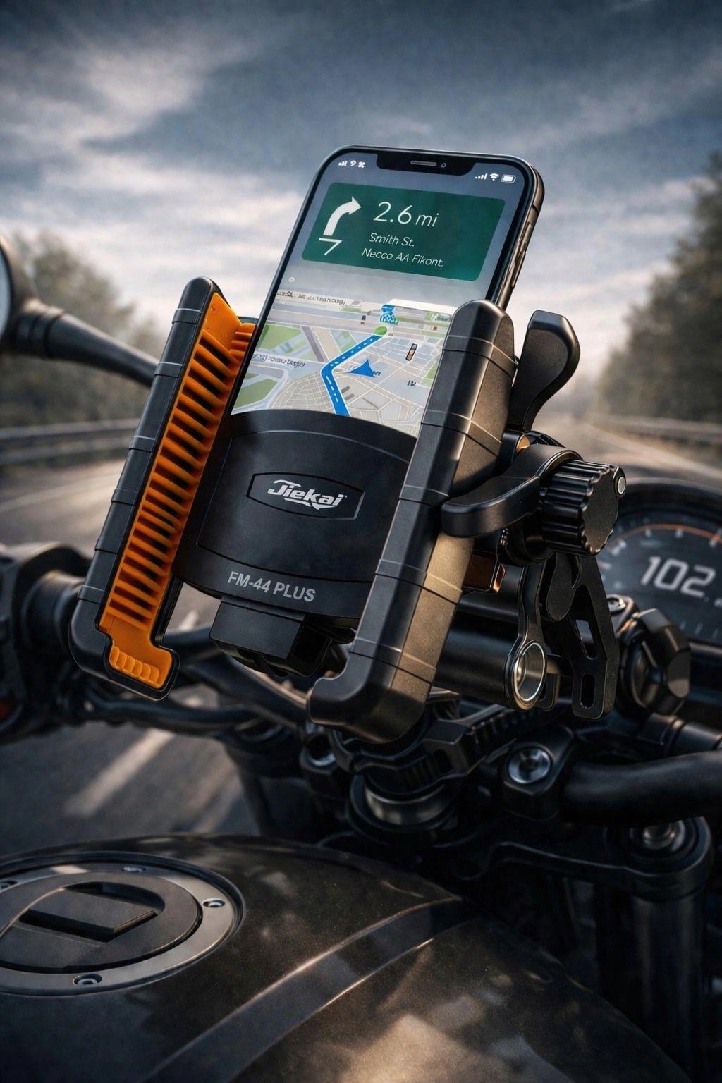 FM-44 PLUS TİTREŞİM MODÜLLÜ MOTOSİKLET TELEFON TUTUCU AYNA VE GİDON APARATLI UNIVERSAL TURUNCU