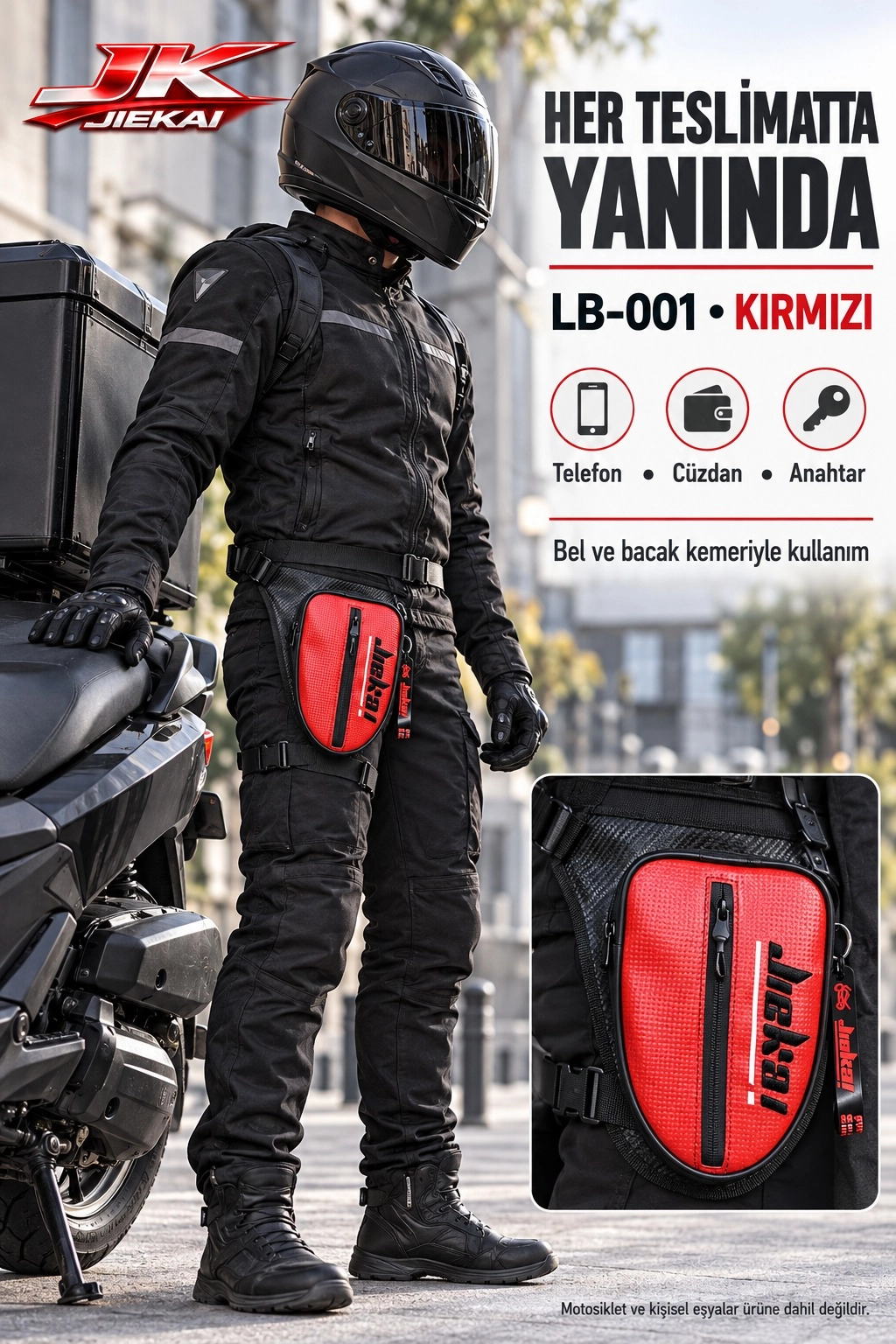 JİEKAİ LB-001 MOTORCU BACAK ÇANTASI * KIRMIZI KARBON KUMAŞ * SİYAH NAKIŞ * ( ANAHTARLIK HEDİYE )